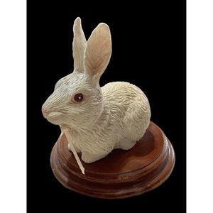 Vtg Bunny Rabbit Figurine Pink Bow Resin Wooden Base Chinese Craftsman Taiwan